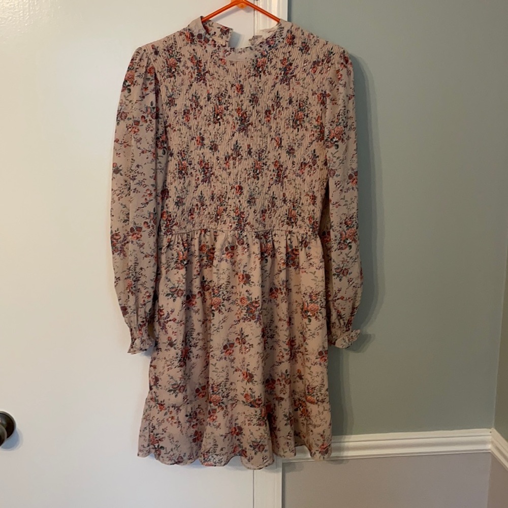 Long sleeve floral dress with smocked top
